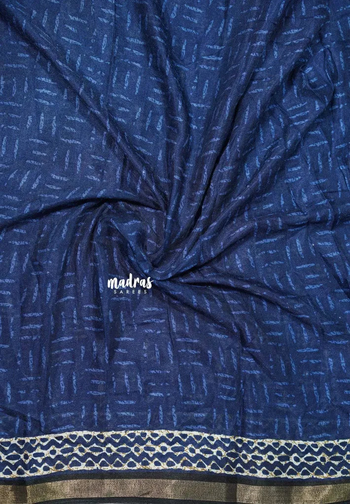 Indigo Blue with Black - Kalanjali Soft Chanderi Silk with Bagru Block Prints - Perfect for Office Wear - Madras Sarees