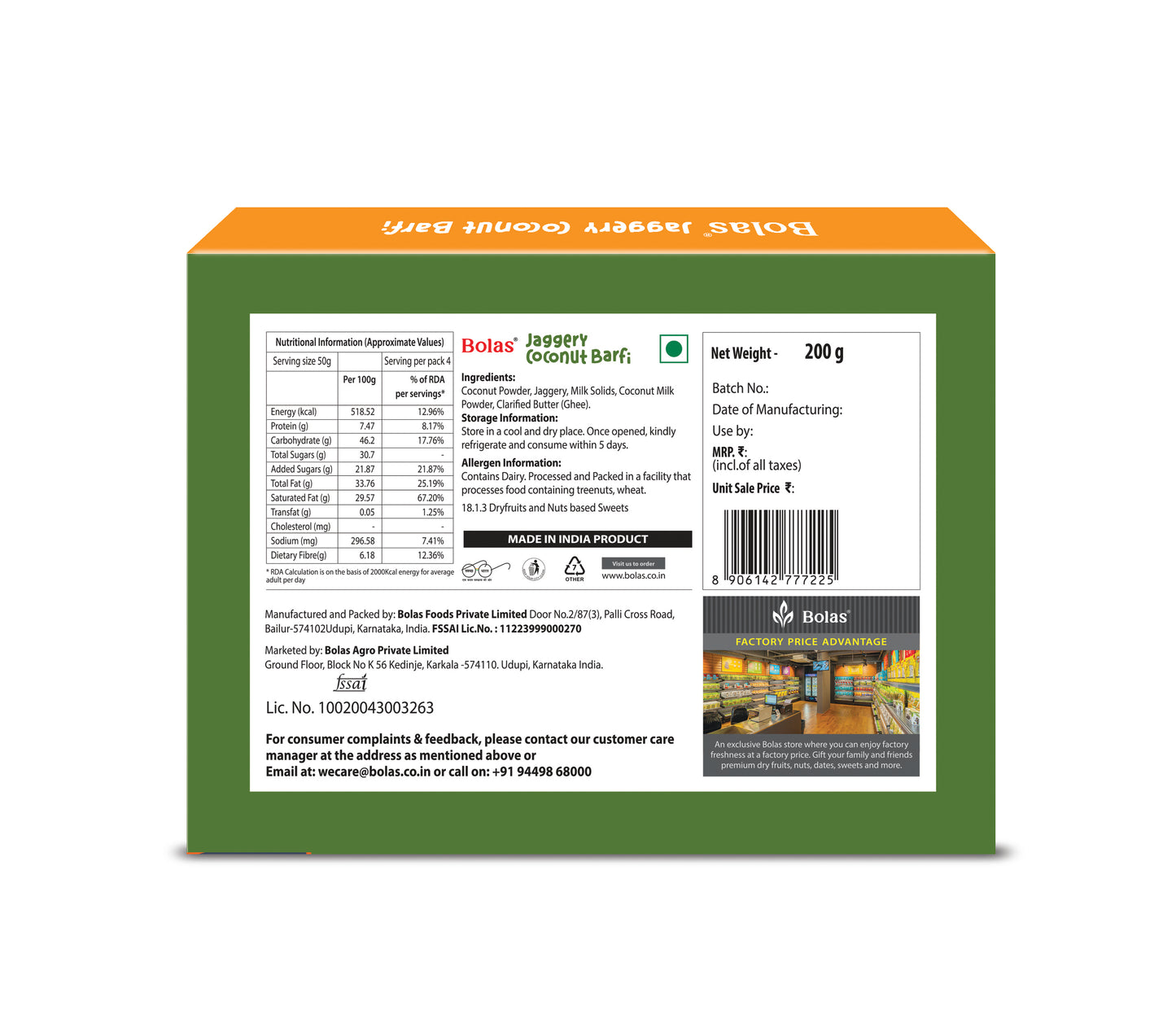 Jaggery Coconut Barfi 200g - Bolas