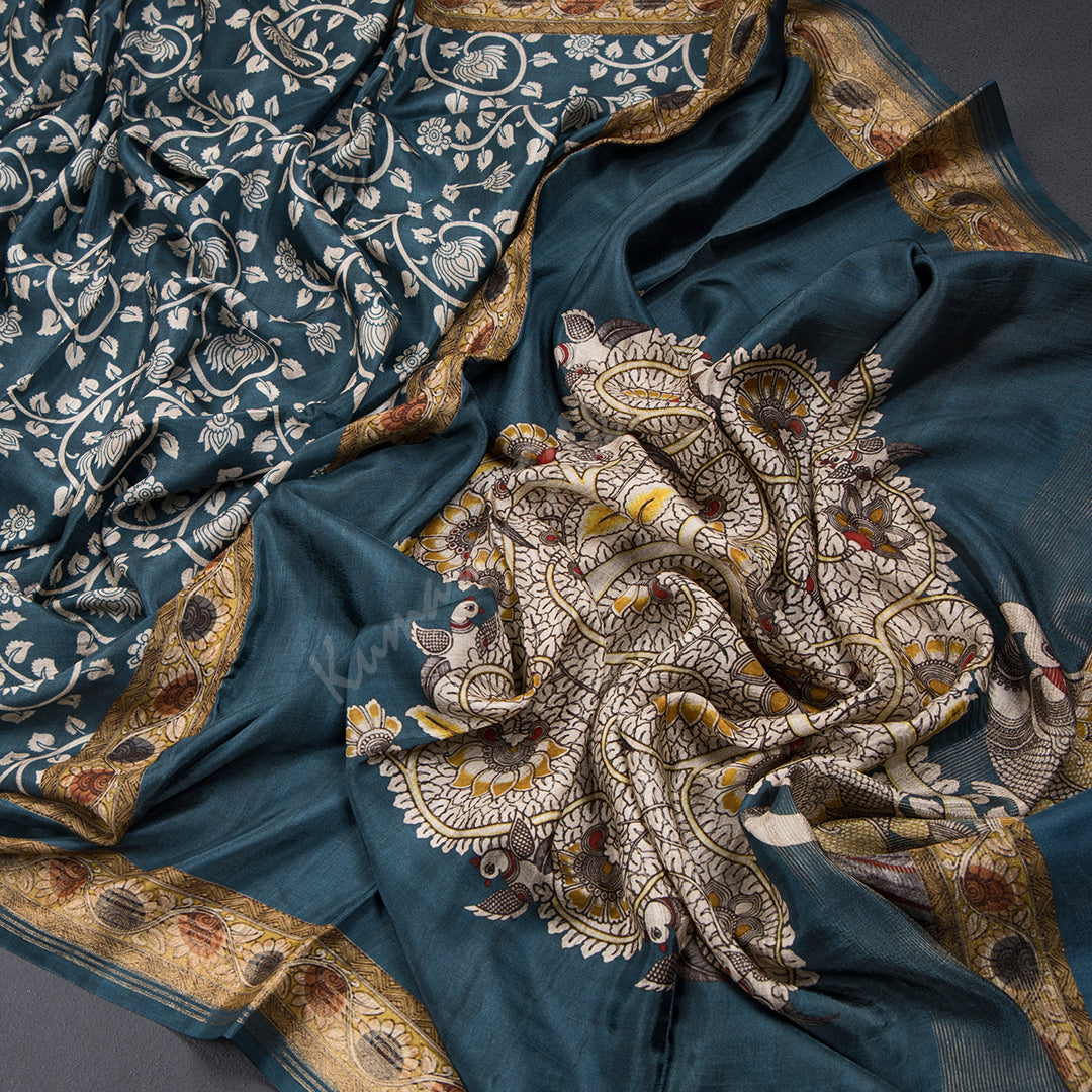 Modal Silk Dark Teal Blue Floral Printed Saree - Shriyara by Kumaran Silks