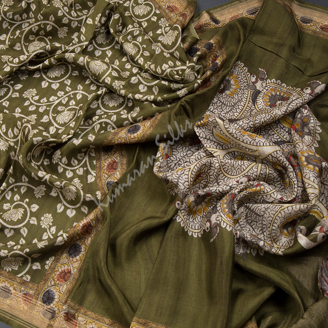 Modal Silk Olive Green Floral Printed Saree 02 - Shriyara by Kumaran Silks