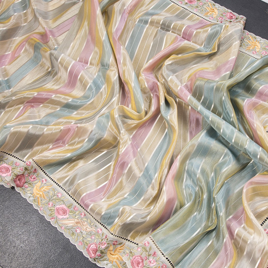 Tissue Multi Colour Zari Stripes With Thread Border Saree 04