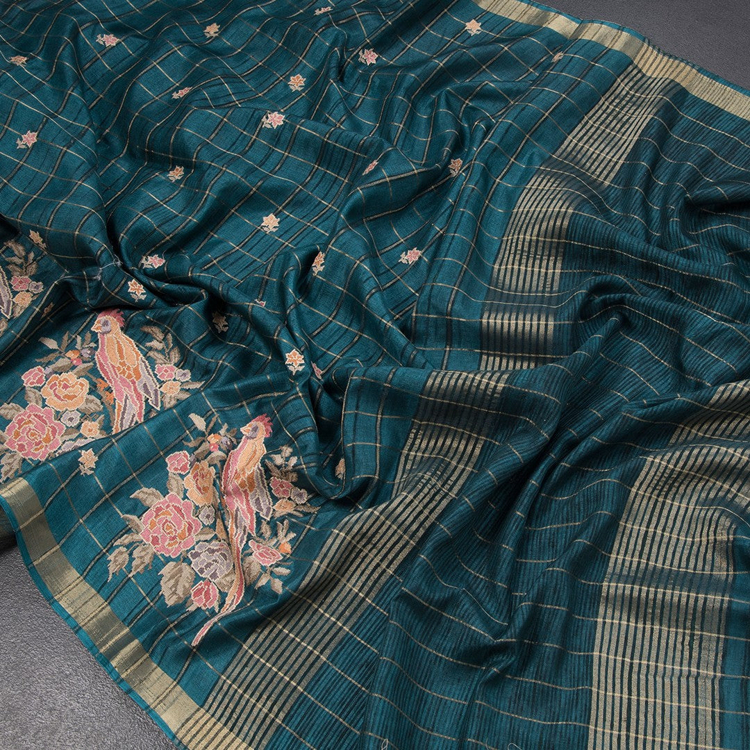 Raw Silk Peacock Green Zari Checks With Thread Work Saree