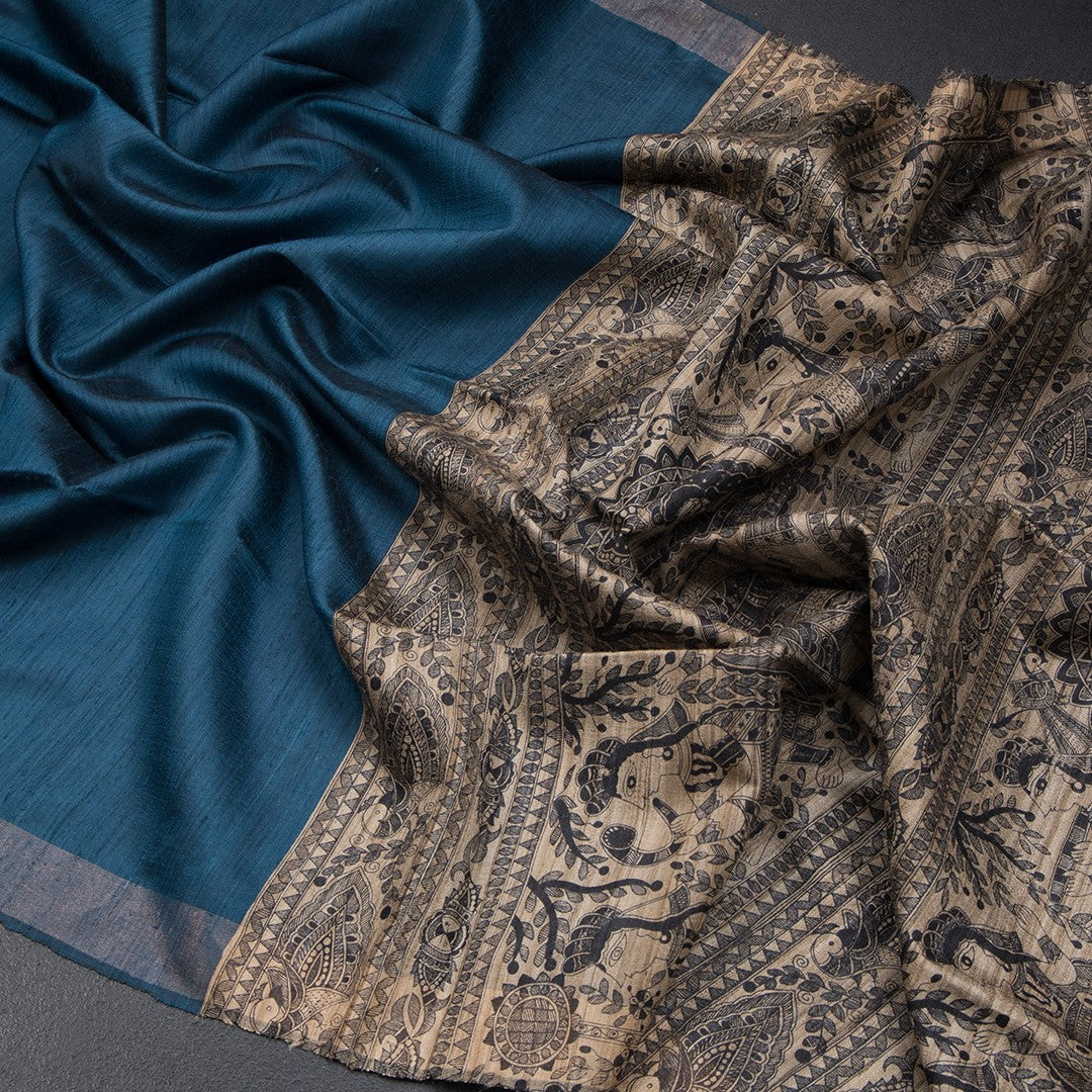 Raw Silk Dark Peacock Blue Plain With Printed Work Saree