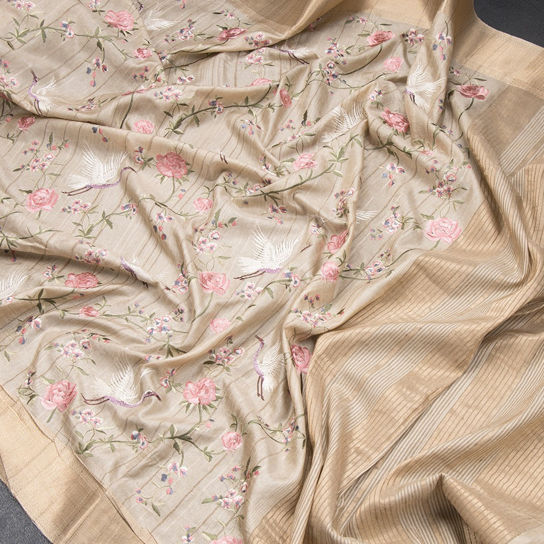 Raw Silk Cream Floral With Birds Thread Work Saree