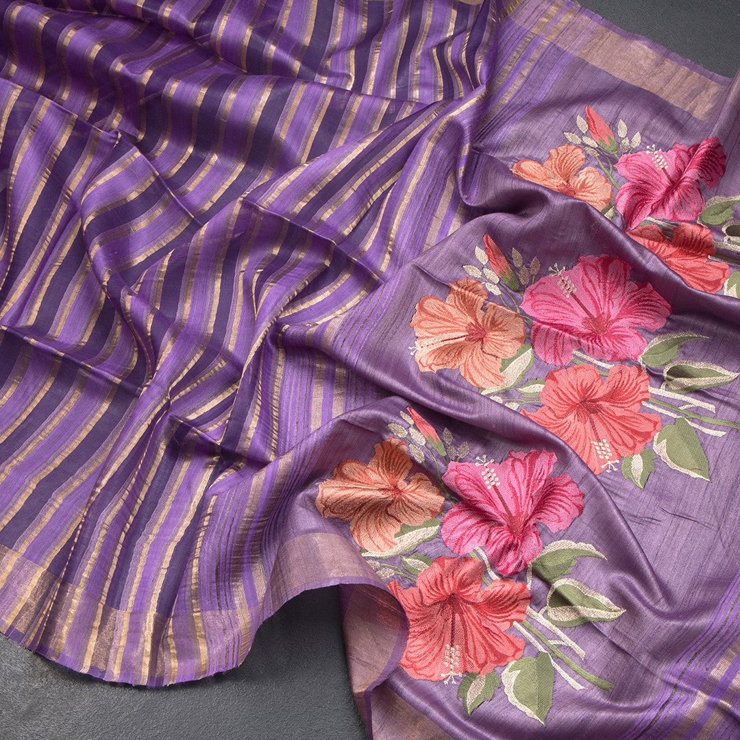 Raw Silks Purple Stripes With Thread Work Saree - Shriyara by Kumaran Silks