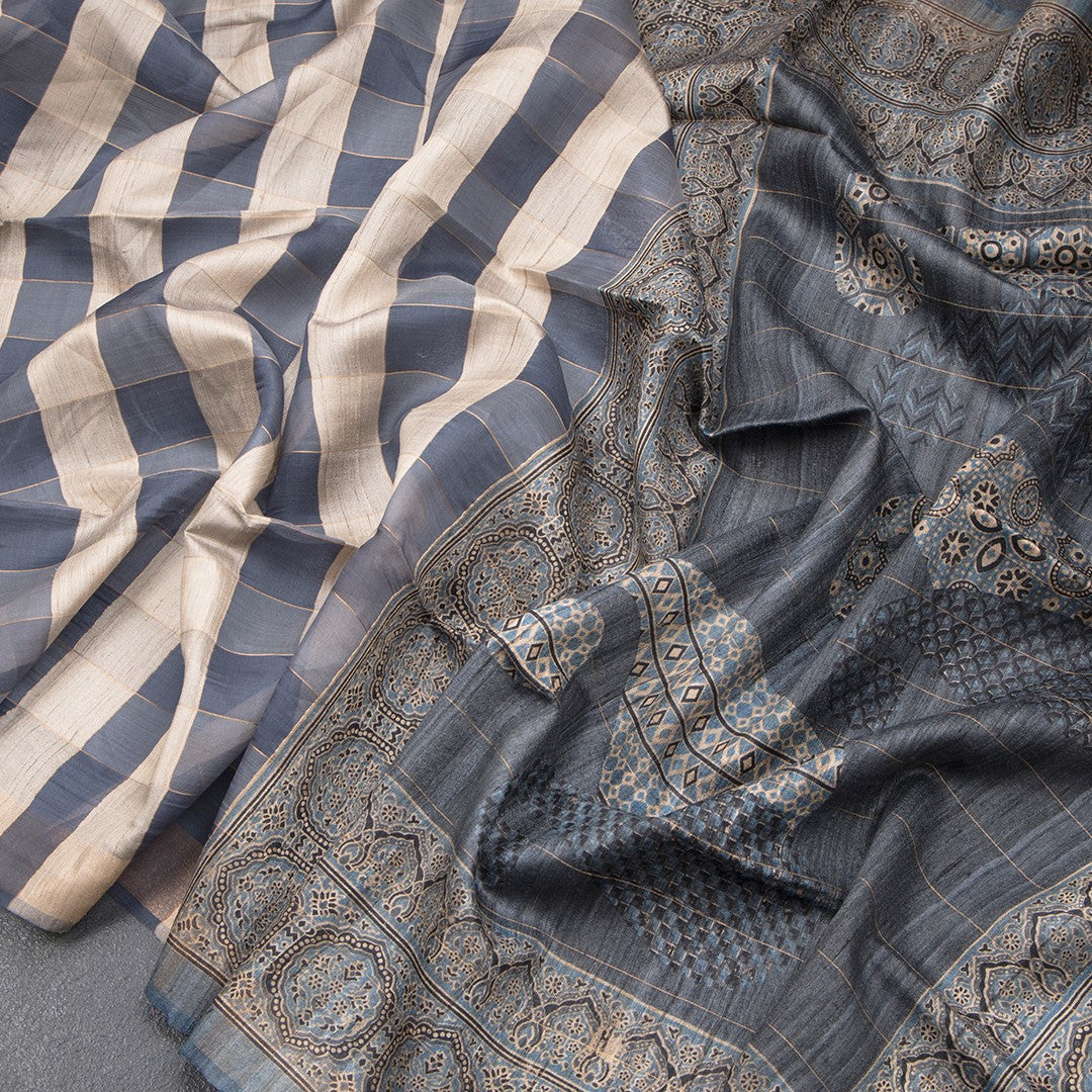 Tussar Dark Grey Checked Saree 02 - Shriyara by Kumaran Silks