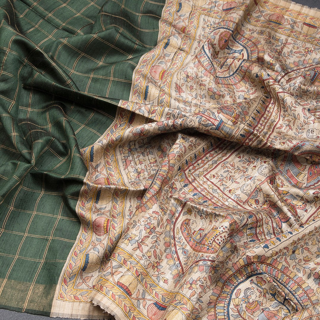 Raw Silks Checked And Kalamkari Handloom Printed Saree - Shriyara by Kumaran Silks