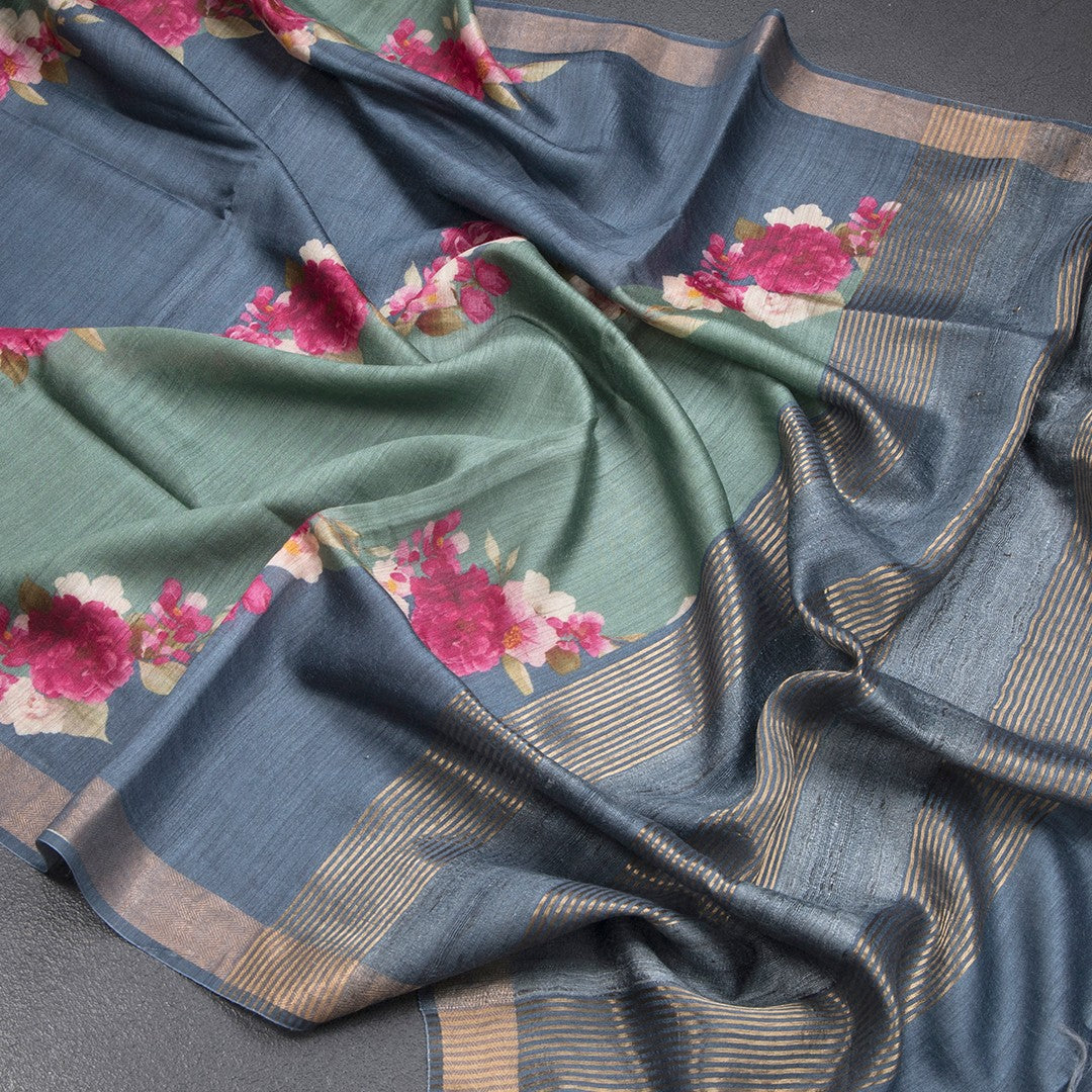 Tussar Green Printed Saree With Zari Border - Shriyara by Kumaran Silks