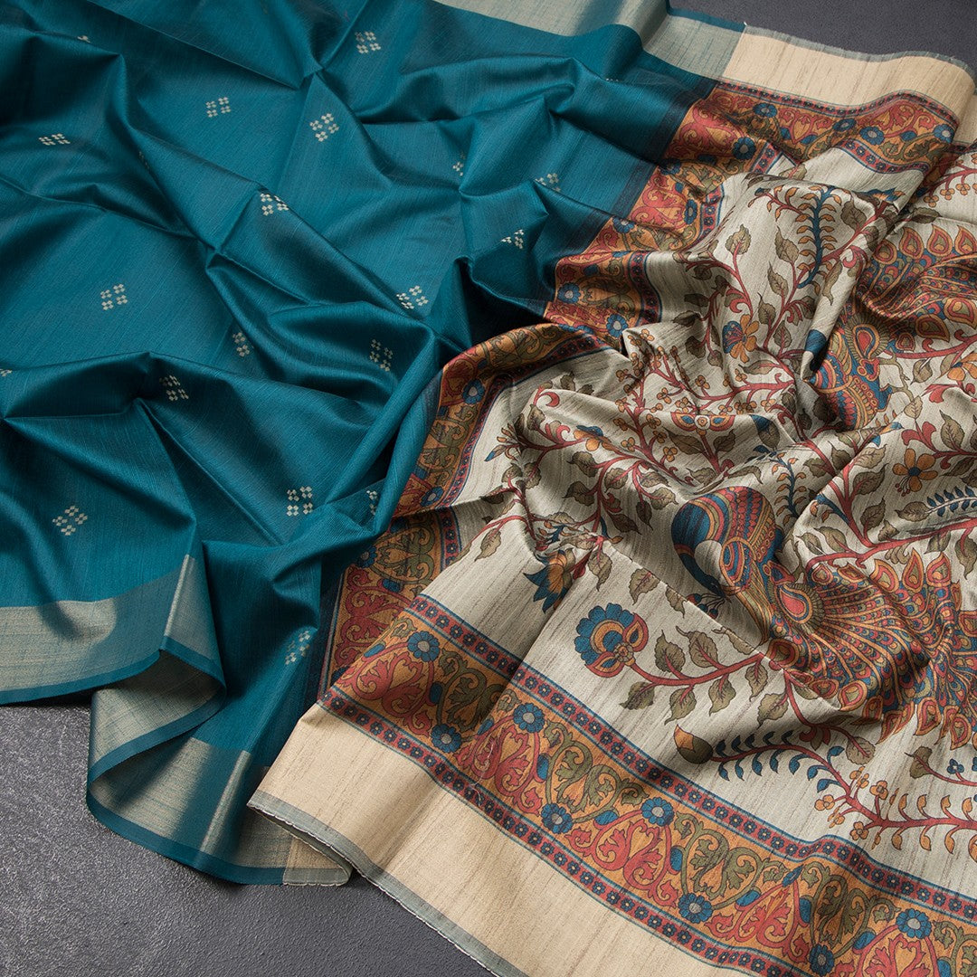 Semi Raw Silk Peacock Green Printed Saree 03