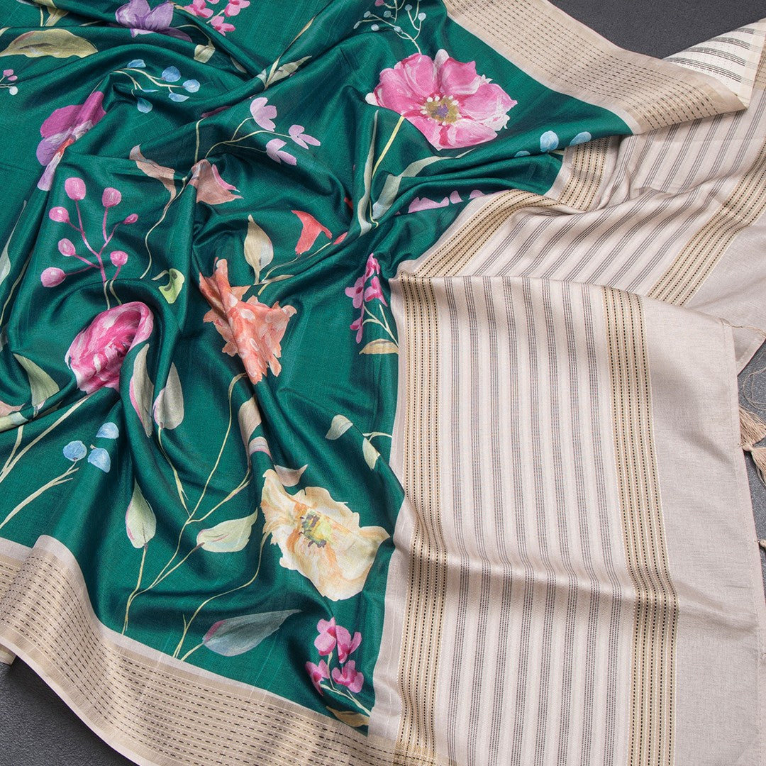 Raw Silk Dark Green Floral Printed Saree With Thread Border