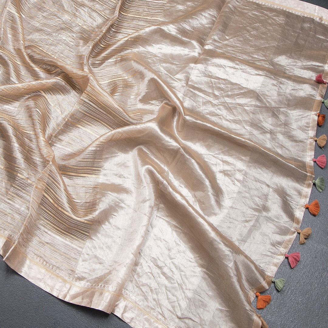 Tissue Banarasi Light Brown Zari Stripes Saree With Floral Thread Work Blouse