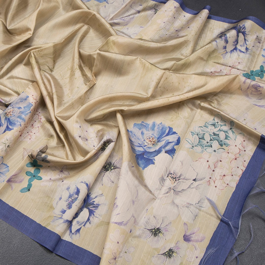 Semi Raw Silk Pastel Yellow Floral Printed Saree With Ribbon Border