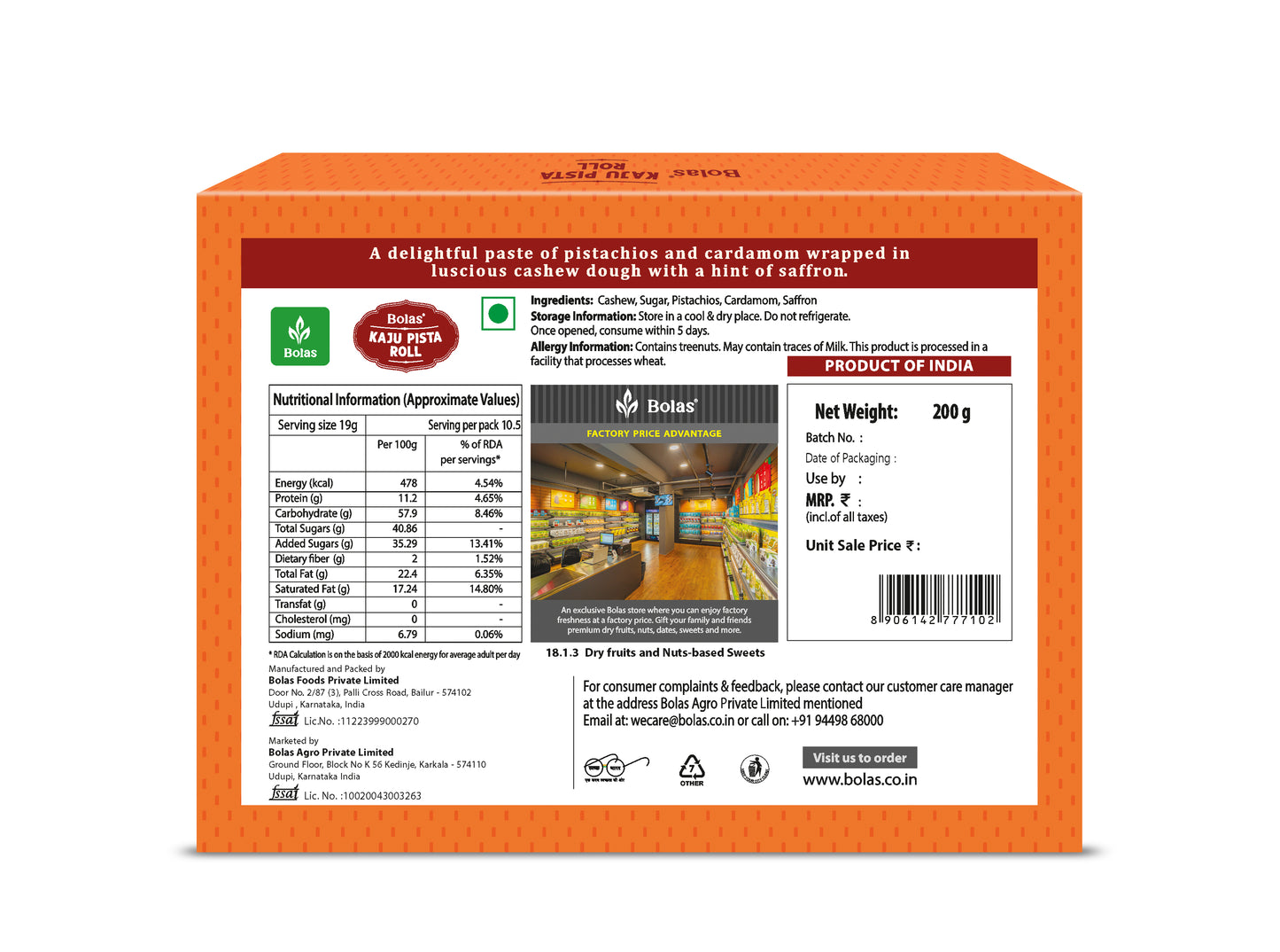 Kaju Pista Roll 200g - Bolas