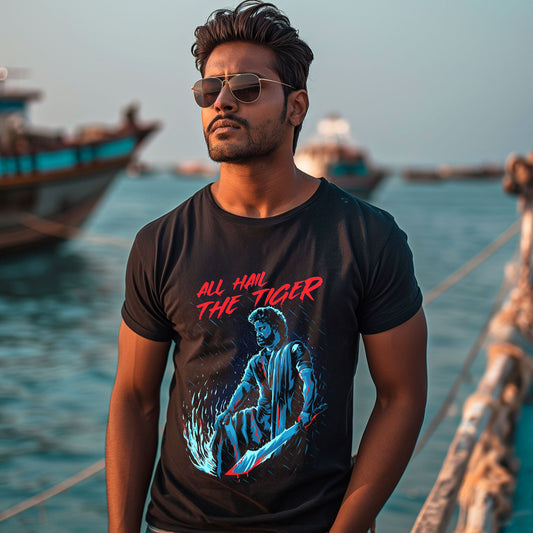 All Hail The Tiger | Devara Official T-Shirt (Red Edition) Front & Back - Fully Filmy