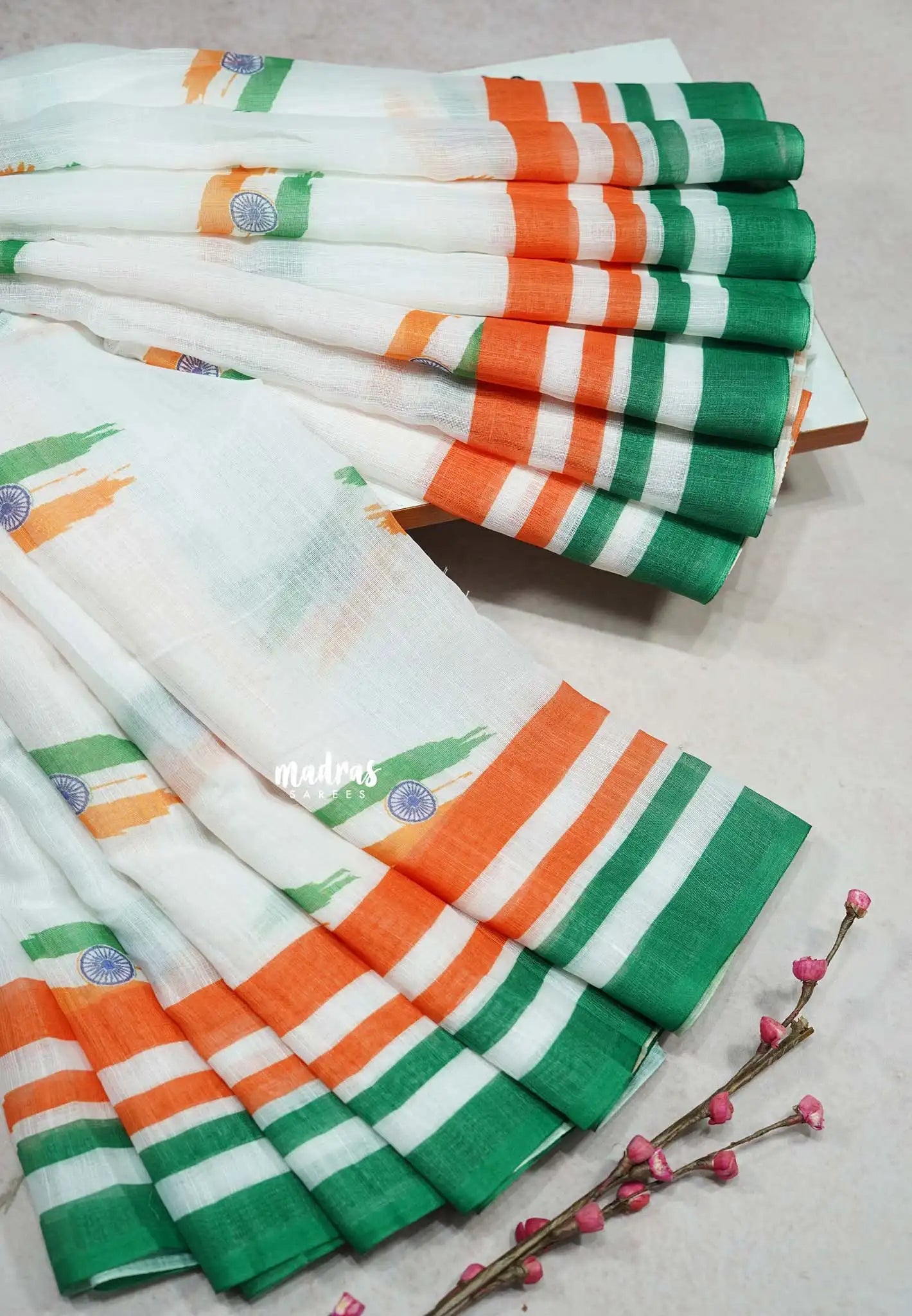 White - August 15 Special TRI COLOR NATIONAL FLAG Linen Cotton saree with raw silk blouse - Madras Sarees