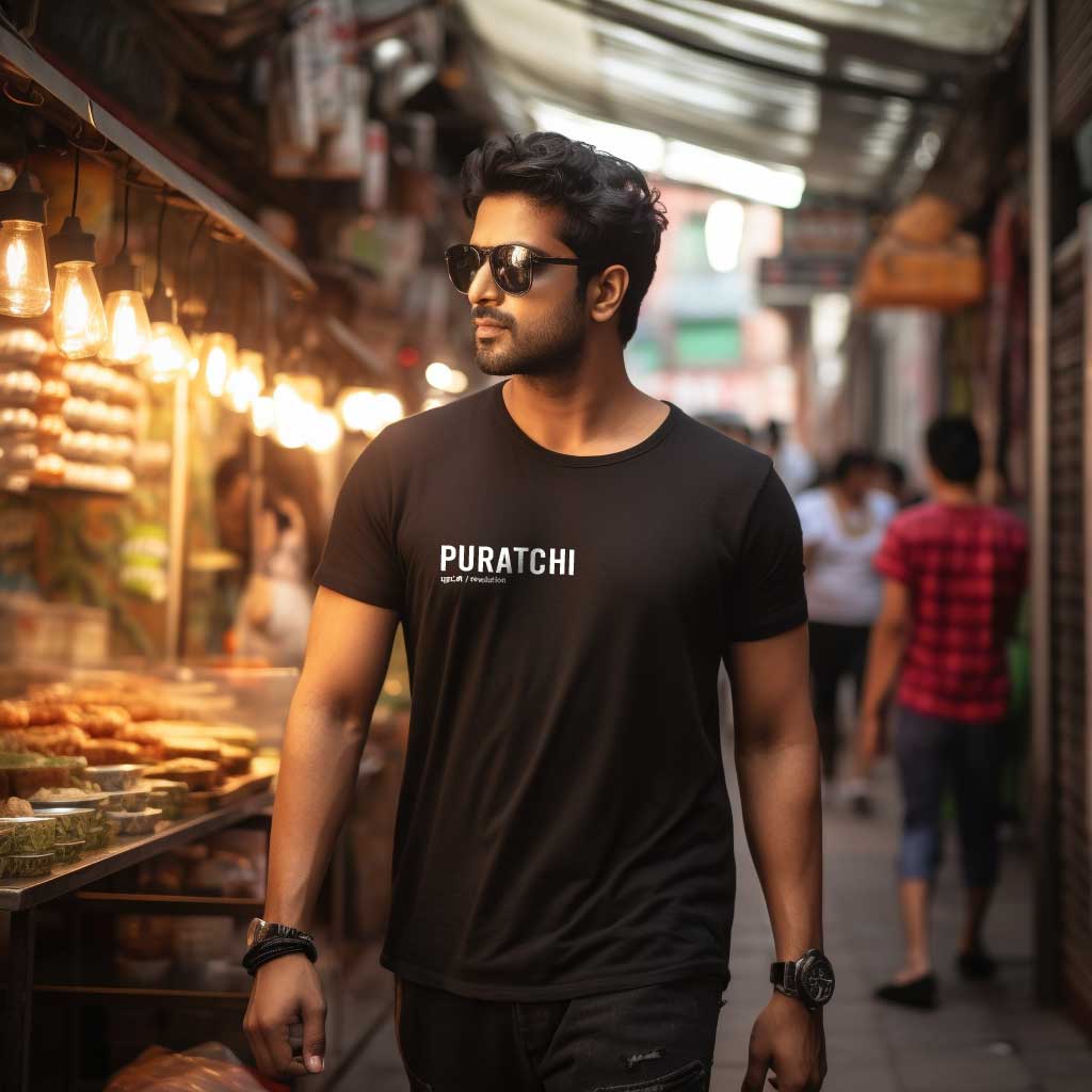 Puratchi | Tamil Oversized T-Shirt (Black) (Right Pocket) - Fully Filmy