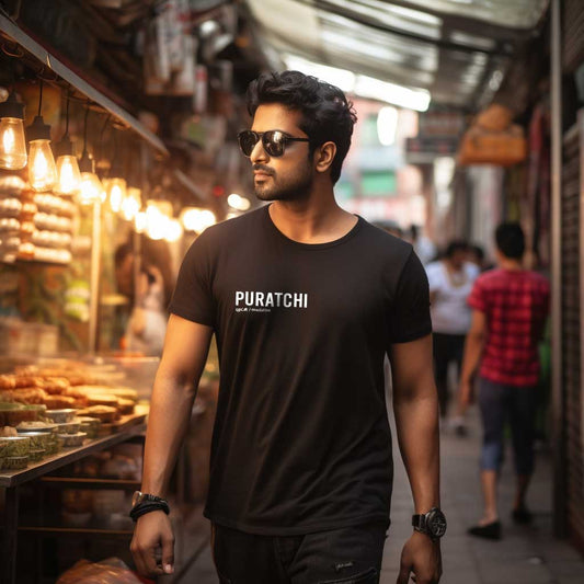 Puratchi | Tamil Oversized T-Shirt (Black) (Right Pocket) - Fully Filmy