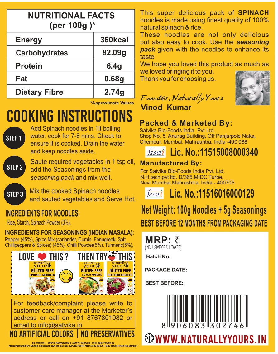 Naturally Yours Gluten Free Spinach Noodles 100G