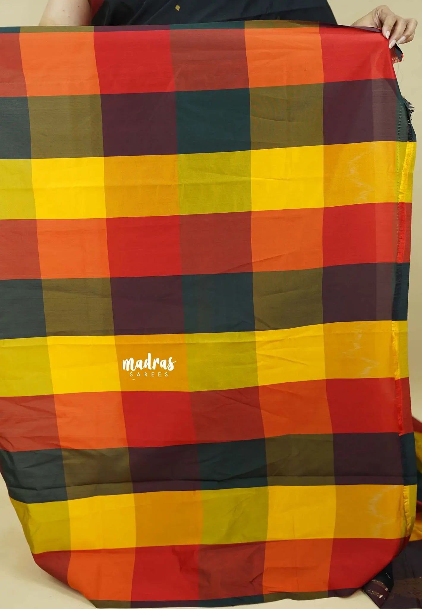 Ebony Black with Sunset Checks - Vedhavalli – Soft Silk Elegance - Perfect for wedding - Madras Sarees