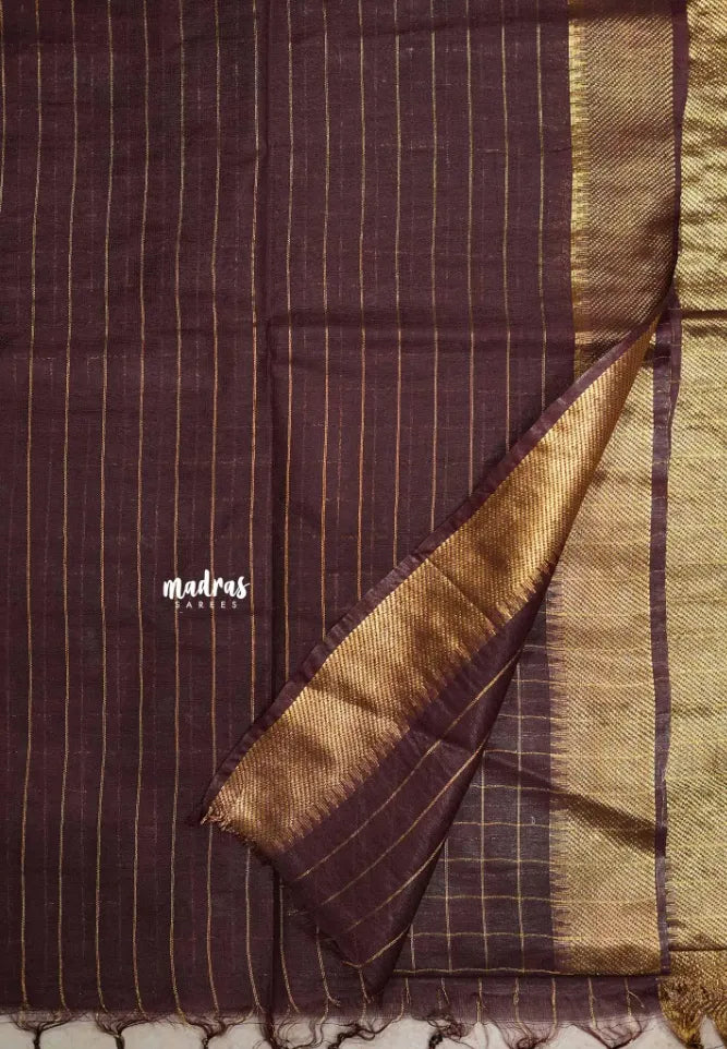 Mangalgiri semi pattu checks body with getti border - Deep brown - Madras Sarees