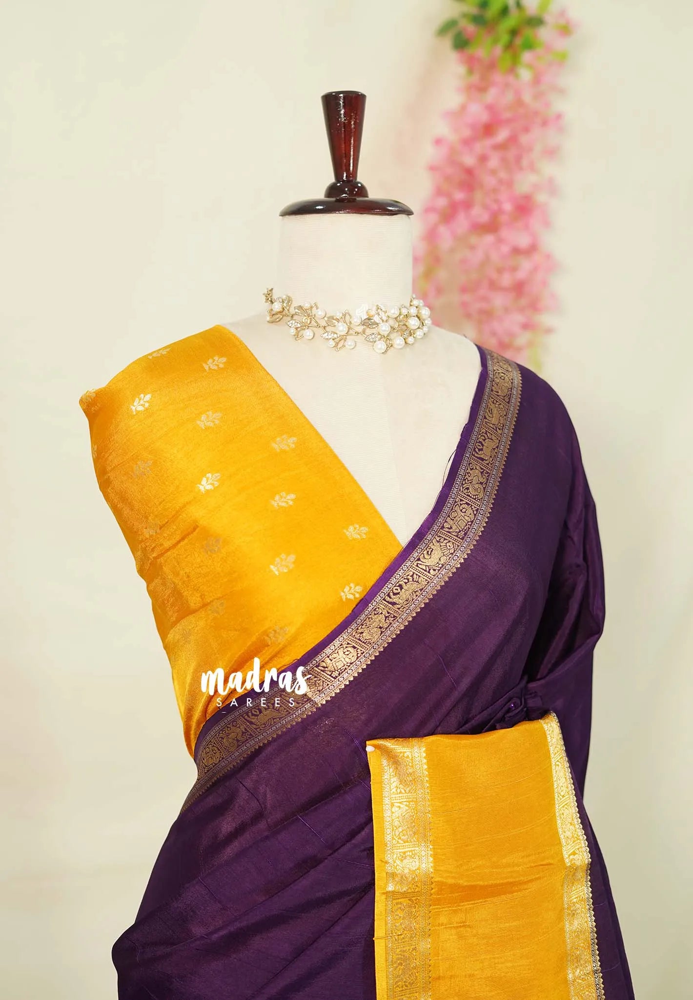 Plum Purple with Yellow - Viscose Georgette Saree with Rettapetta Border - Best for Functions Wear - Madras Sarees