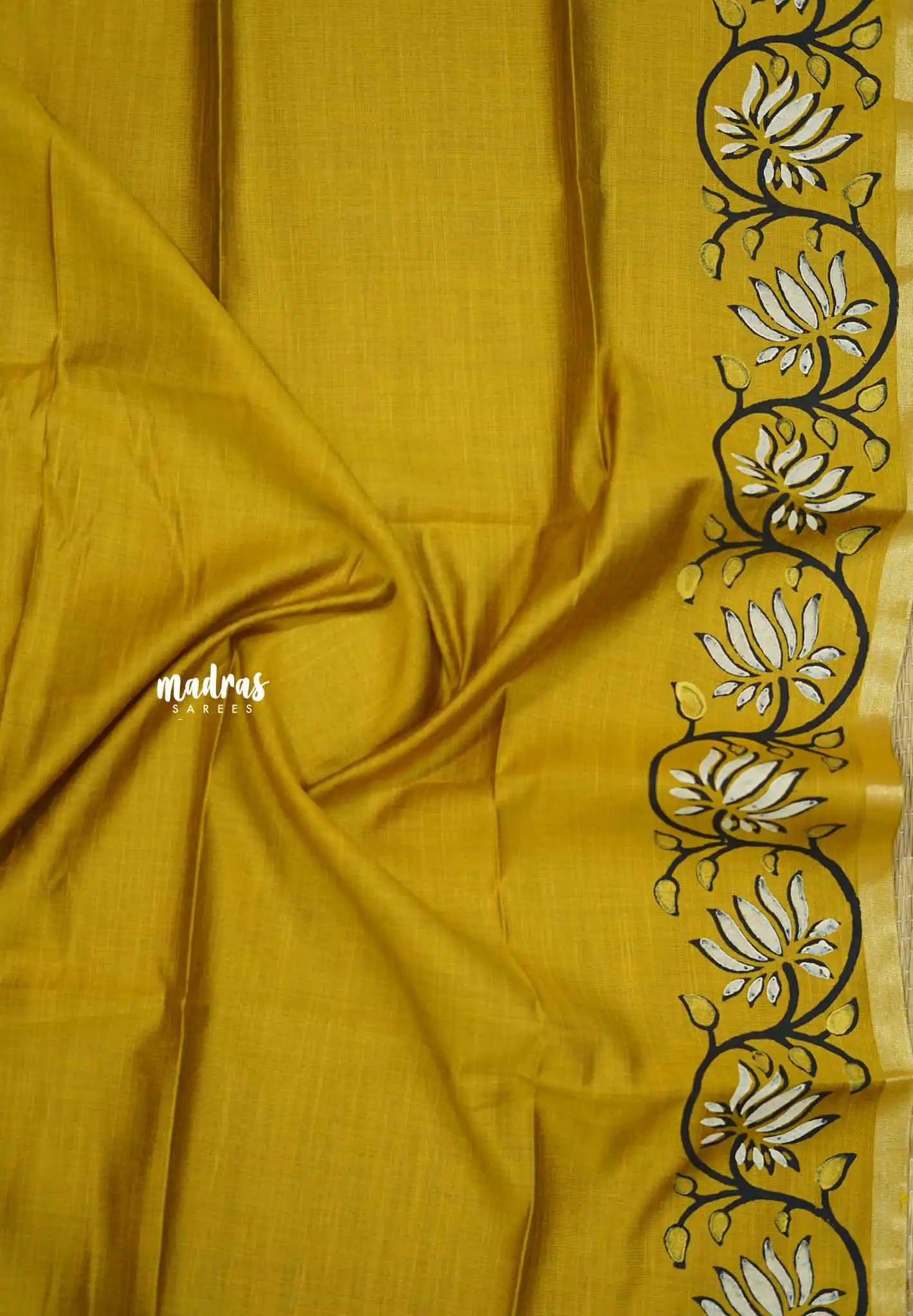Halfwhite with golden yellow rawsilk blouse - Sowmiya - Organic Bamboo Cotton with handblock print - Madras Sarees