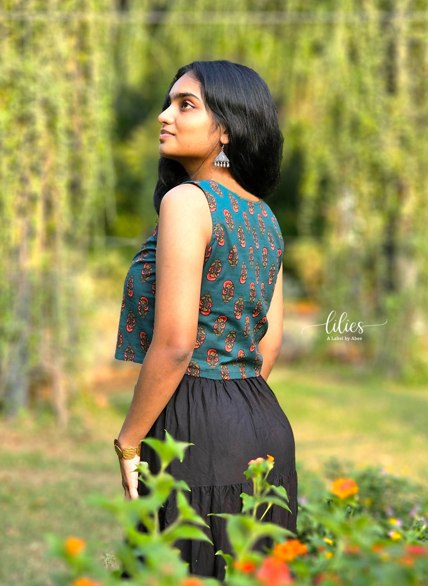 Teal Garden Crop Top - Lilies