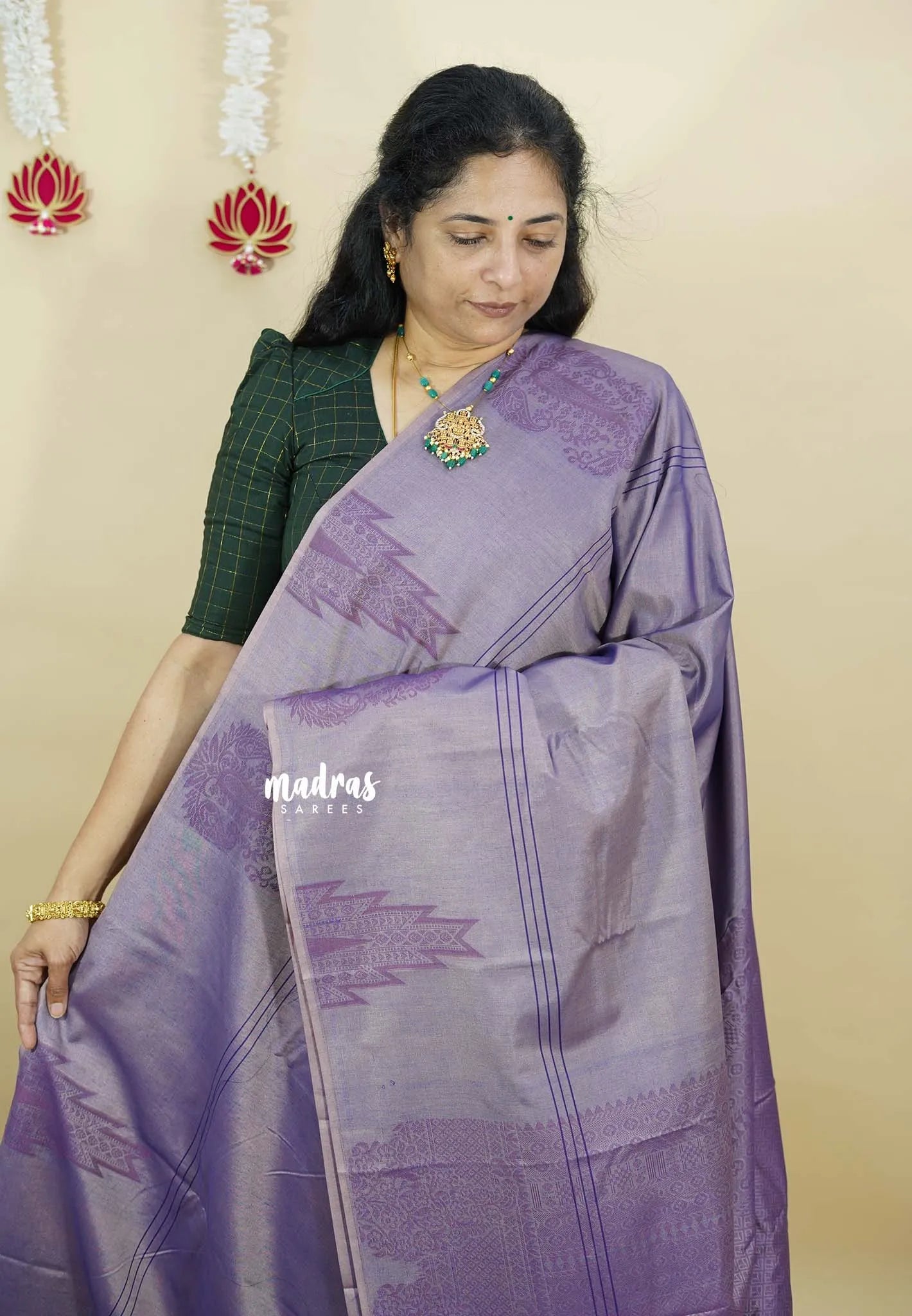 Dualshade Lavender - Ahimsa - 120 count Pure mercerized silk cotton border with temple and mango border - Madras Sarees