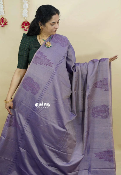 Dualshade Lavender - Ahimsa - 120 count Pure mercerized silk cotton border with temple and mango border - Madras Sarees