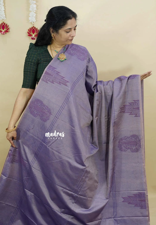 Dualshade Lavender - Ahimsa - 120 count Pure mercerized silk cotton border with temple and mango border - Madras Sarees
