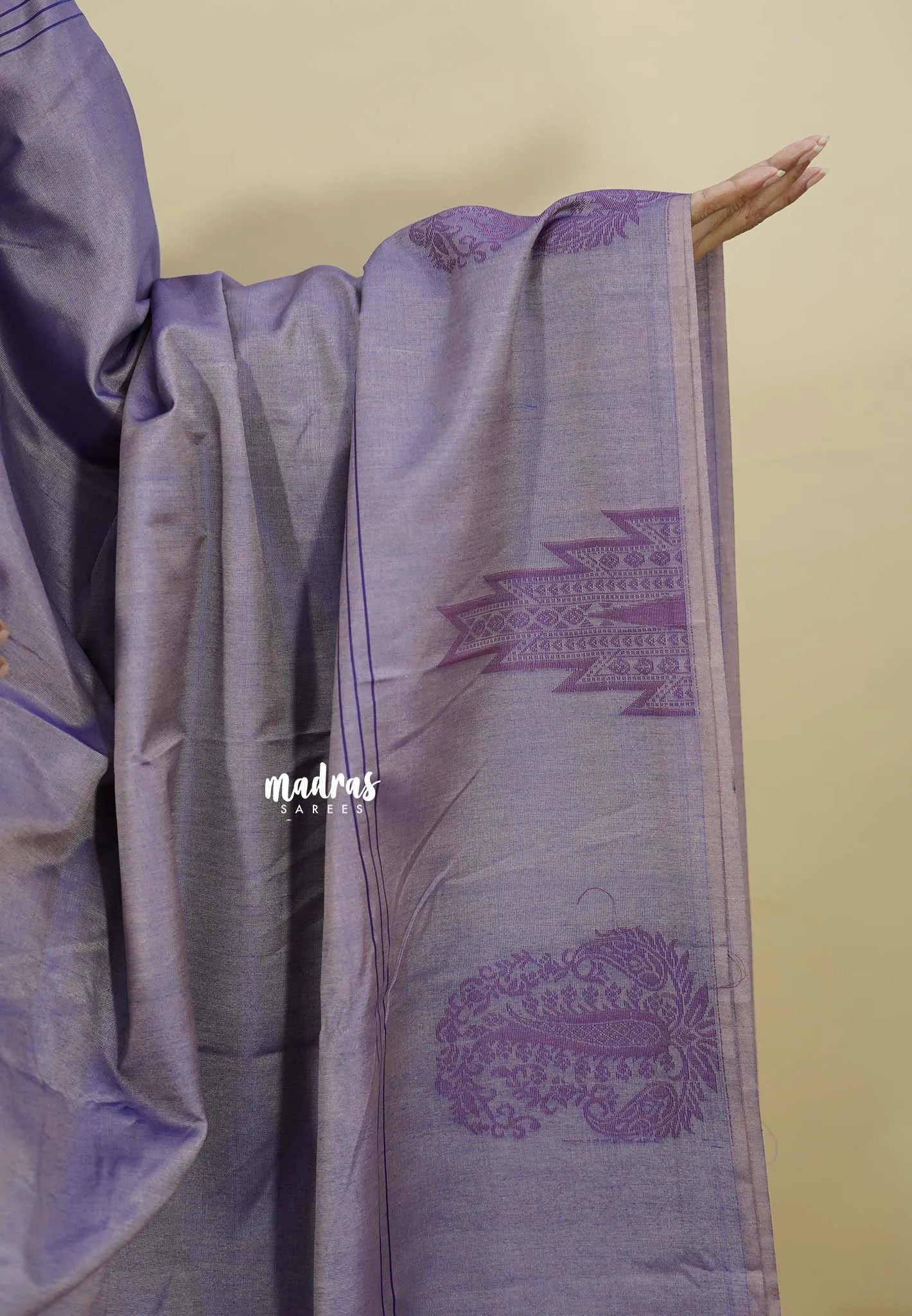 Dualshade Lavender - Ahimsa - 120 count Pure mercerized silk cotton border with temple and mango border - Madras Sarees