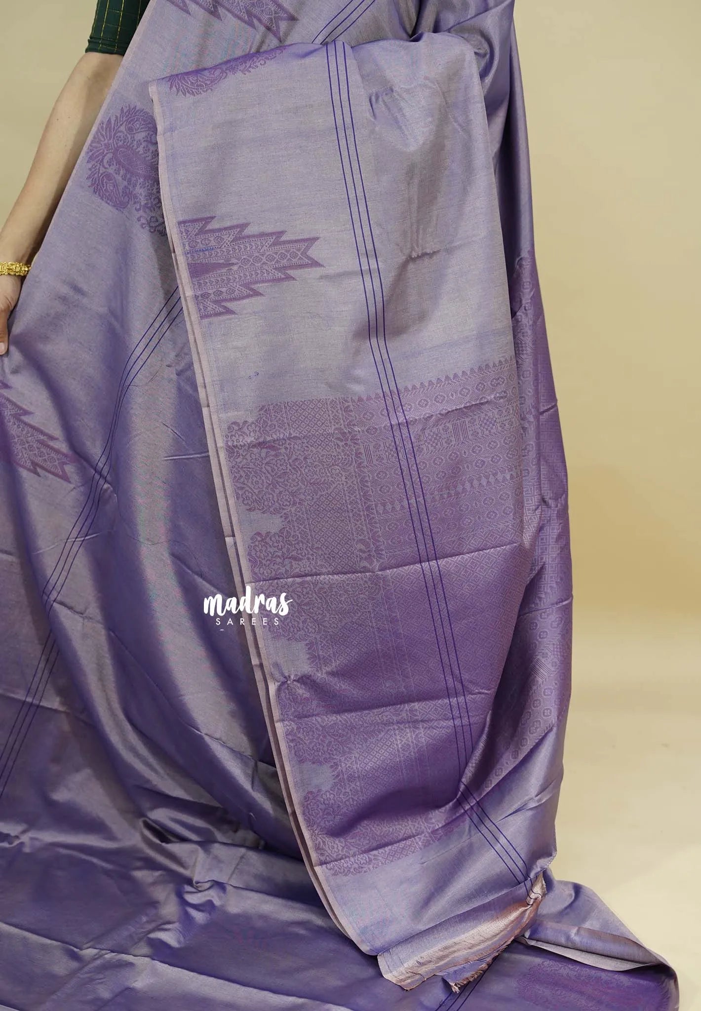 Dualshade Lavender - Ahimsa - 120 count Pure mercerized silk cotton border with temple and mango border - Madras Sarees
