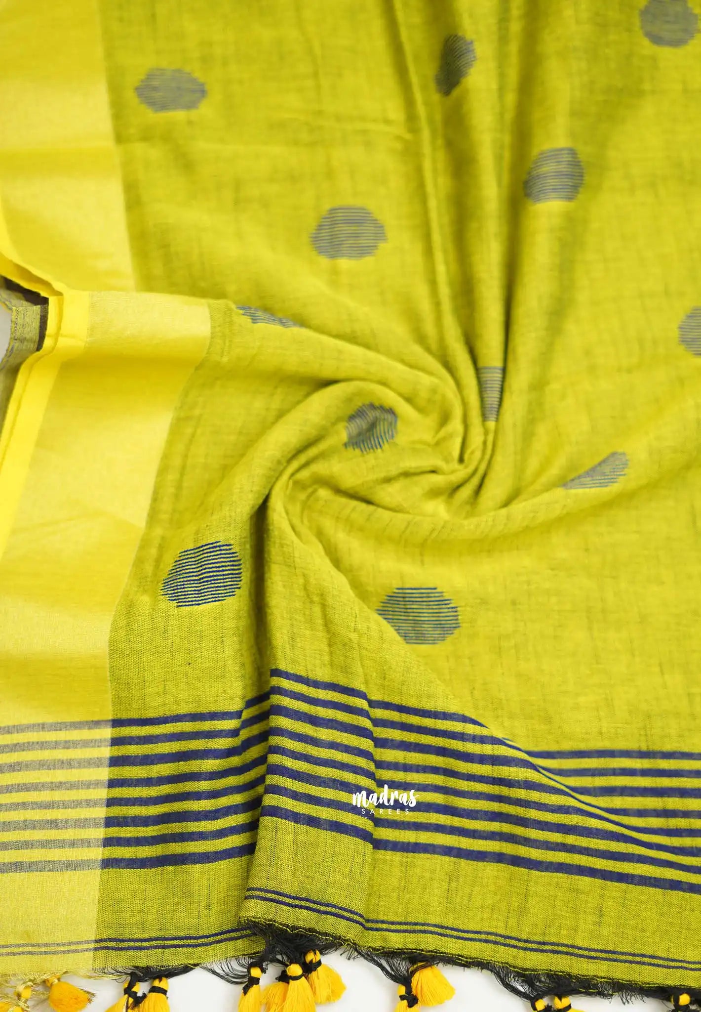 kannamma Handwoven Ballbutta linen Blue with yellow pallu - Madras Sarees