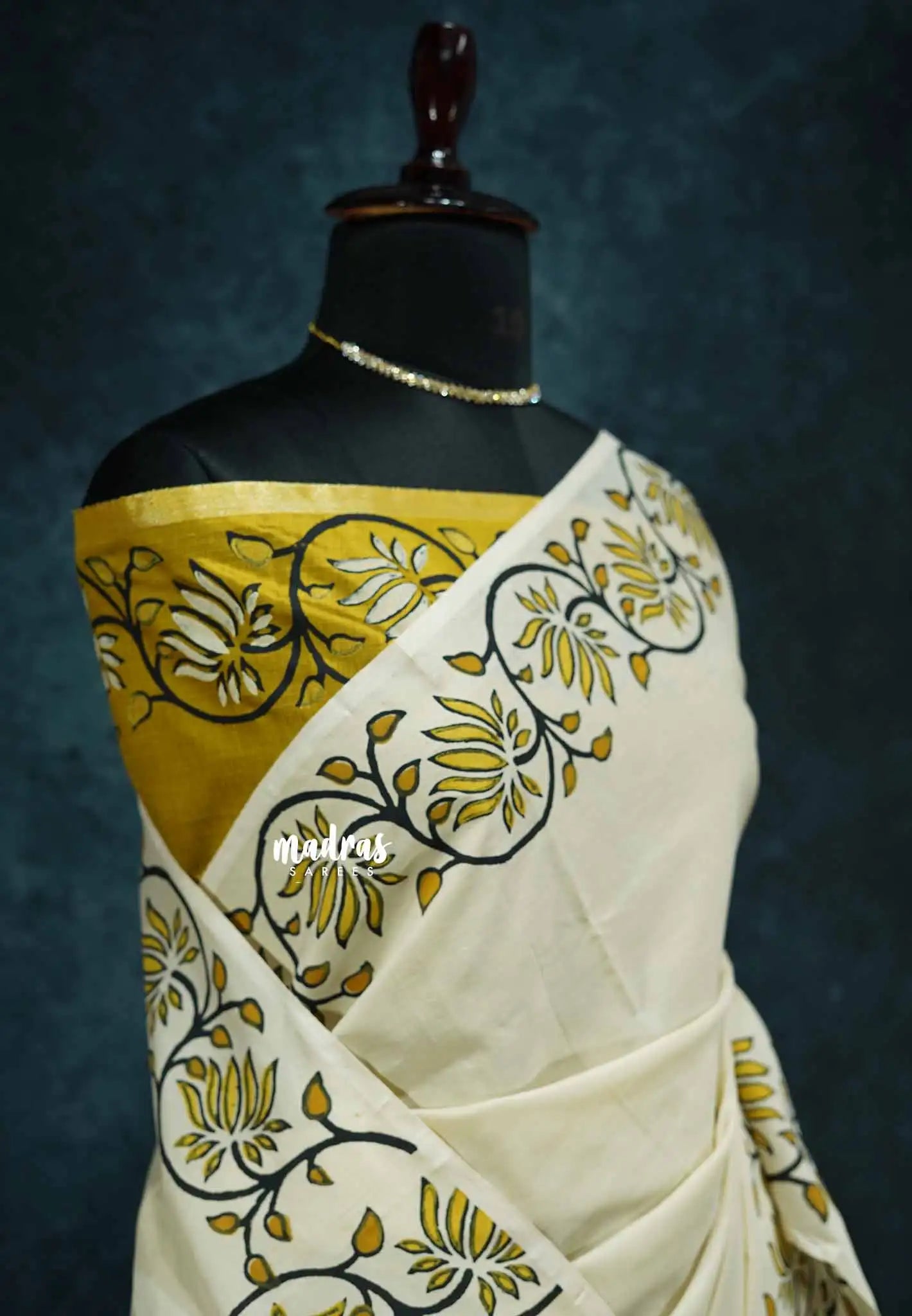 Halfwhite with golden yellow rawsilk blouse - Sowmiya - Organic Bamboo Cotton with handblock print - Madras Sarees