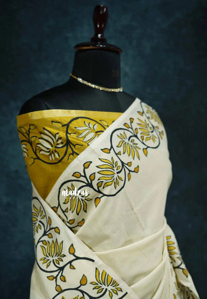 Halfwhite with golden yellow rawsilk blouse - Sowmiya - Organic Bamboo Cotton with handblock print - Madras Sarees