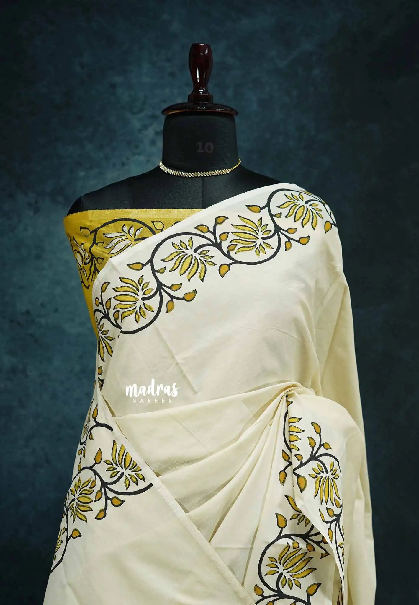 Halfwhite with golden yellow rawsilk blouse - Sowmiya - Organic Bamboo Cotton with handblock print - Madras Sarees