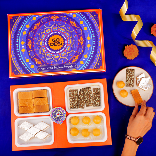 Assorted Meetha - Go Desi Diwali Gift Box | Diwali Diya | Kaju Katli | Besan Laddoo | Mysore Pak | Badam Coconut Barfi