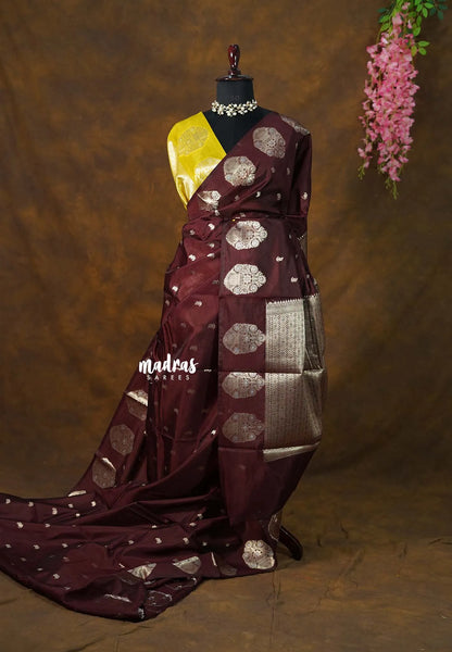 Coffee Brown - Vasantha Raagam - Banarasi mashru Silk with Antique Zari Border and buttas - Perfect for Wedding Wear - Madras Sarees