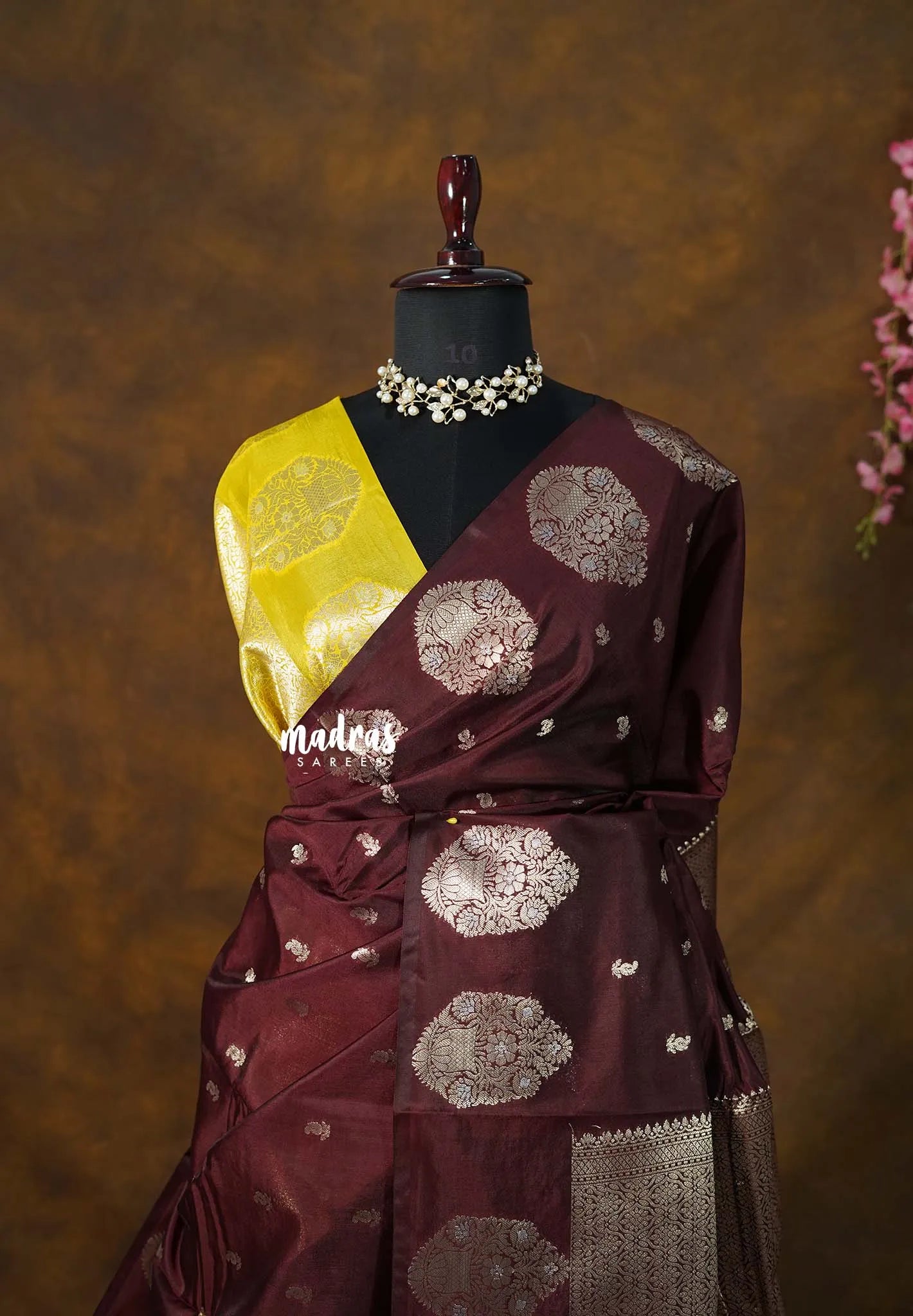 Coffee Brown - Vasantha Raagam - Banarasi mashru Silk with Antique Zari Border and buttas - Perfect for Wedding Wear - Madras Sarees