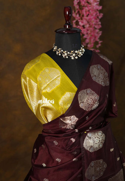 Coffee Brown - Vasantha Raagam - Banarasi mashru Silk with Antique Zari Border and buttas - Perfect for Wedding Wear - Madras Sarees