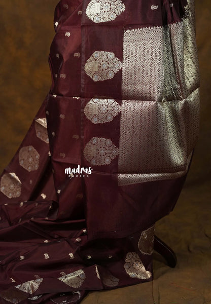 Coffee Brown - Vasantha Raagam - Banarasi mashru Silk with Antique Zari Border and buttas - Perfect for Wedding Wear - Madras Sarees