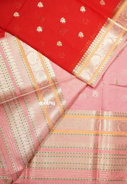 Classic Rich Red with Melon Peach - Durga - Banarasi Soft Katan Silk with Big multi mango Border - Best for Festive Wear | Temple visit | - Madras Sarees