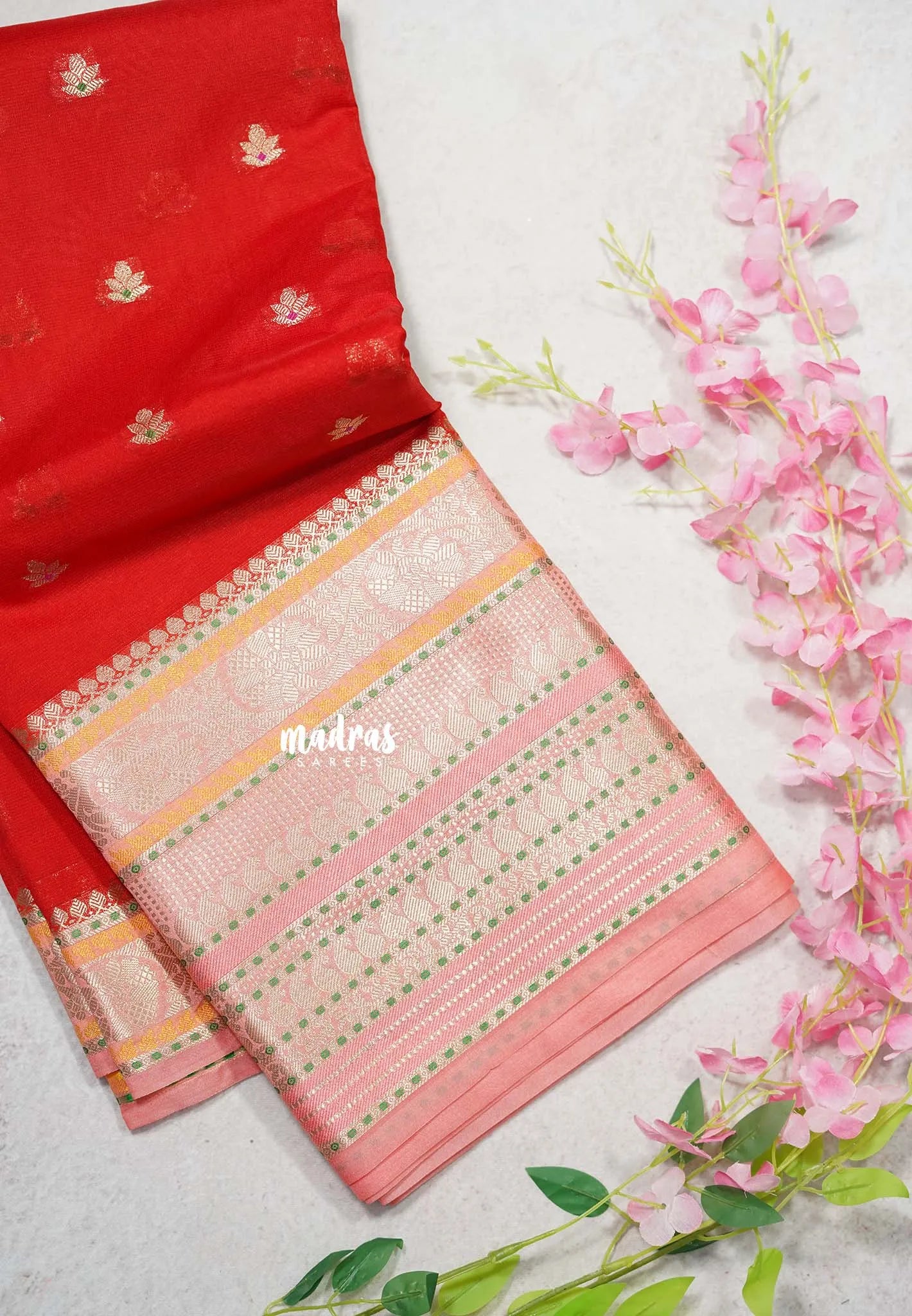 Classic Rich Red with Melon Peach - Durga - Banarasi Soft Katan Silk with Big multi mango Border - Best for Festive Wear | Temple visit | - Madras Sarees