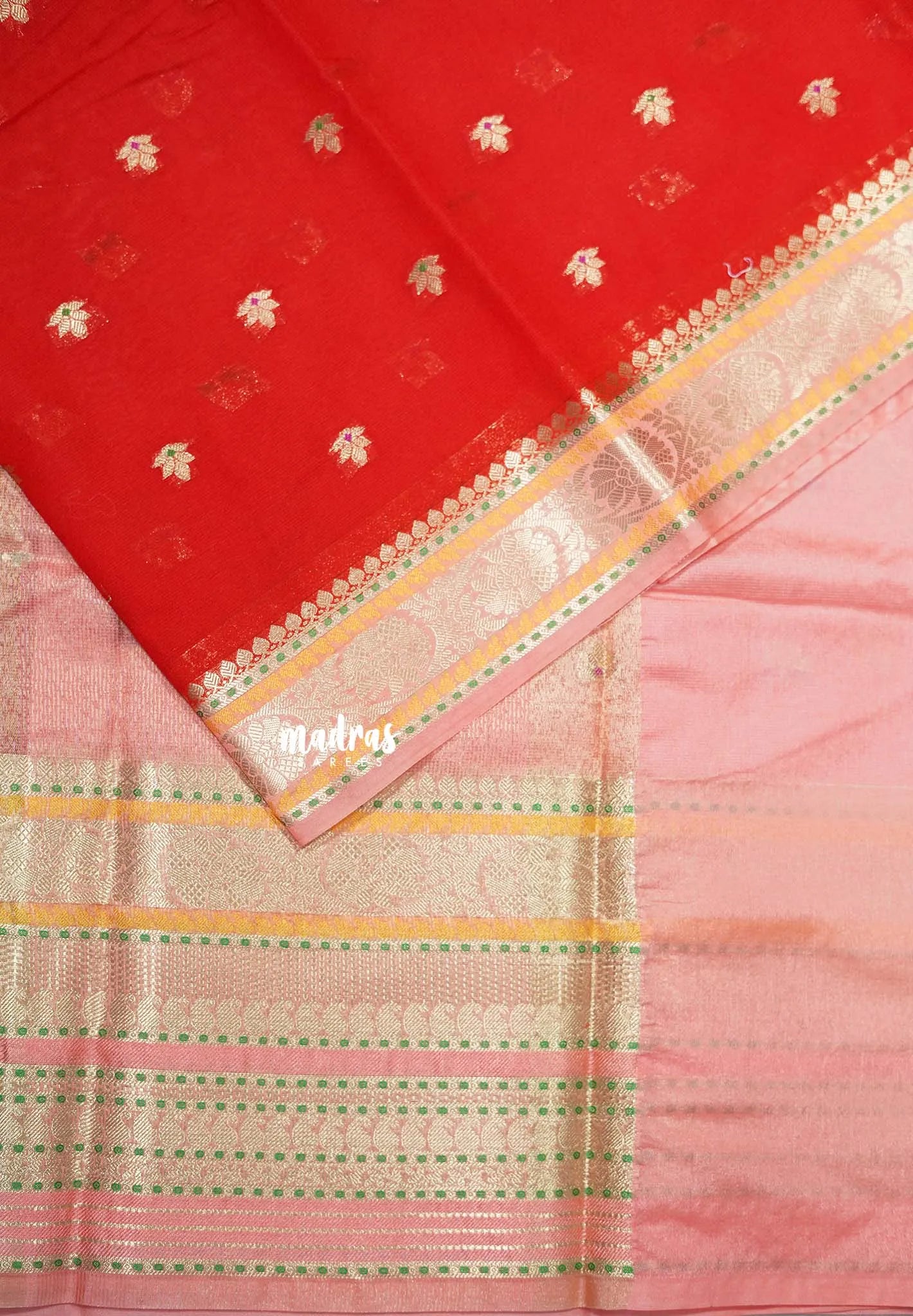 Classic Rich Red with Melon Peach - Durga - Banarasi Soft Katan Silk with Big multi mango Border - Best for Festive Wear | Temple visit | - Madras Sarees