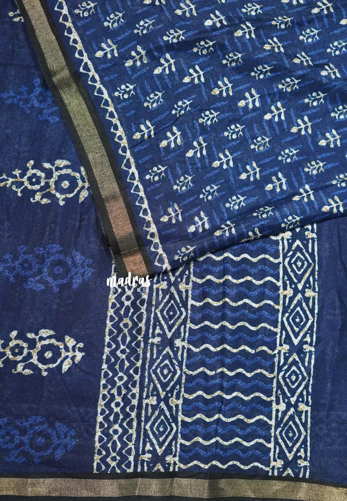 Indigo Blue with Black - Kalanjali Soft Chanderi Silk with Bagru Block Prints - Perfect for Office Wear - Madras Sarees