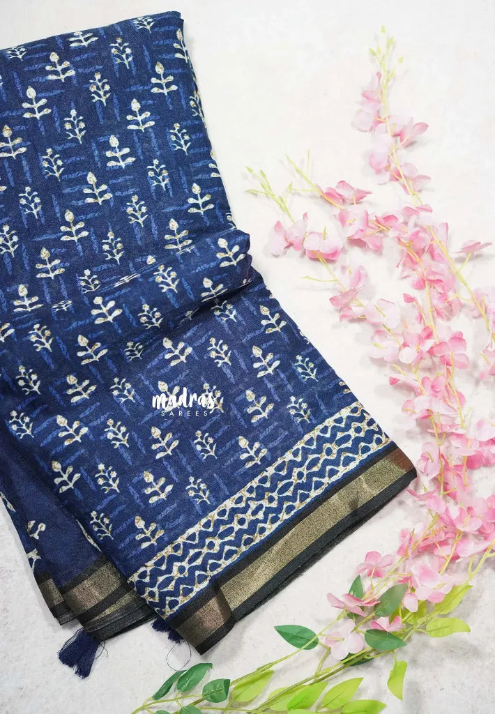 Indigo Blue with Black - Kalanjali Soft Chanderi Silk with Bagru Block Prints - Perfect for Office Wear - Madras Sarees