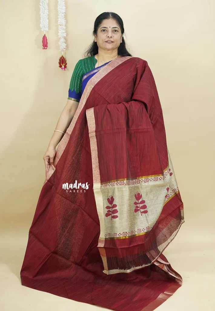 Majestic Maroon - Handmade jute tussar silk saree with handblock prints - Madras Sarees