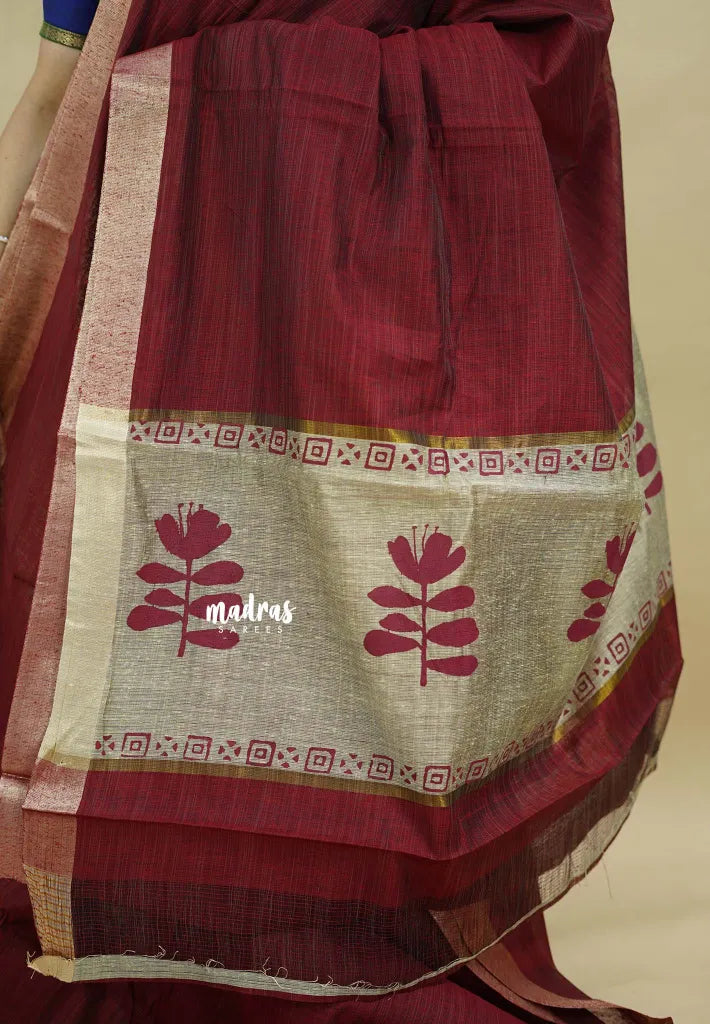 Majestic Maroon - Handmade jute tussar silk saree with handblock prints - Madras Sarees