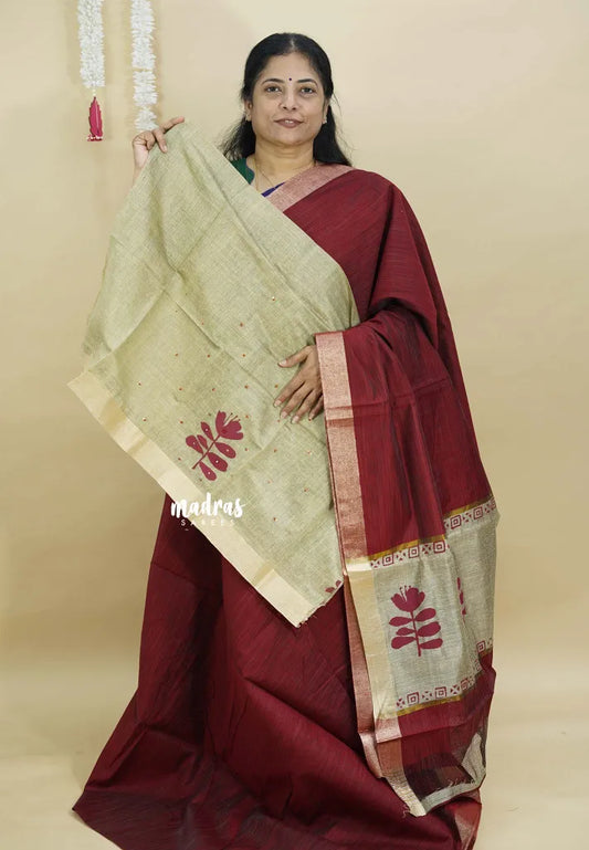 Majestic Maroon - Handmade jute tussar silk saree with handblock prints - Madras Sarees