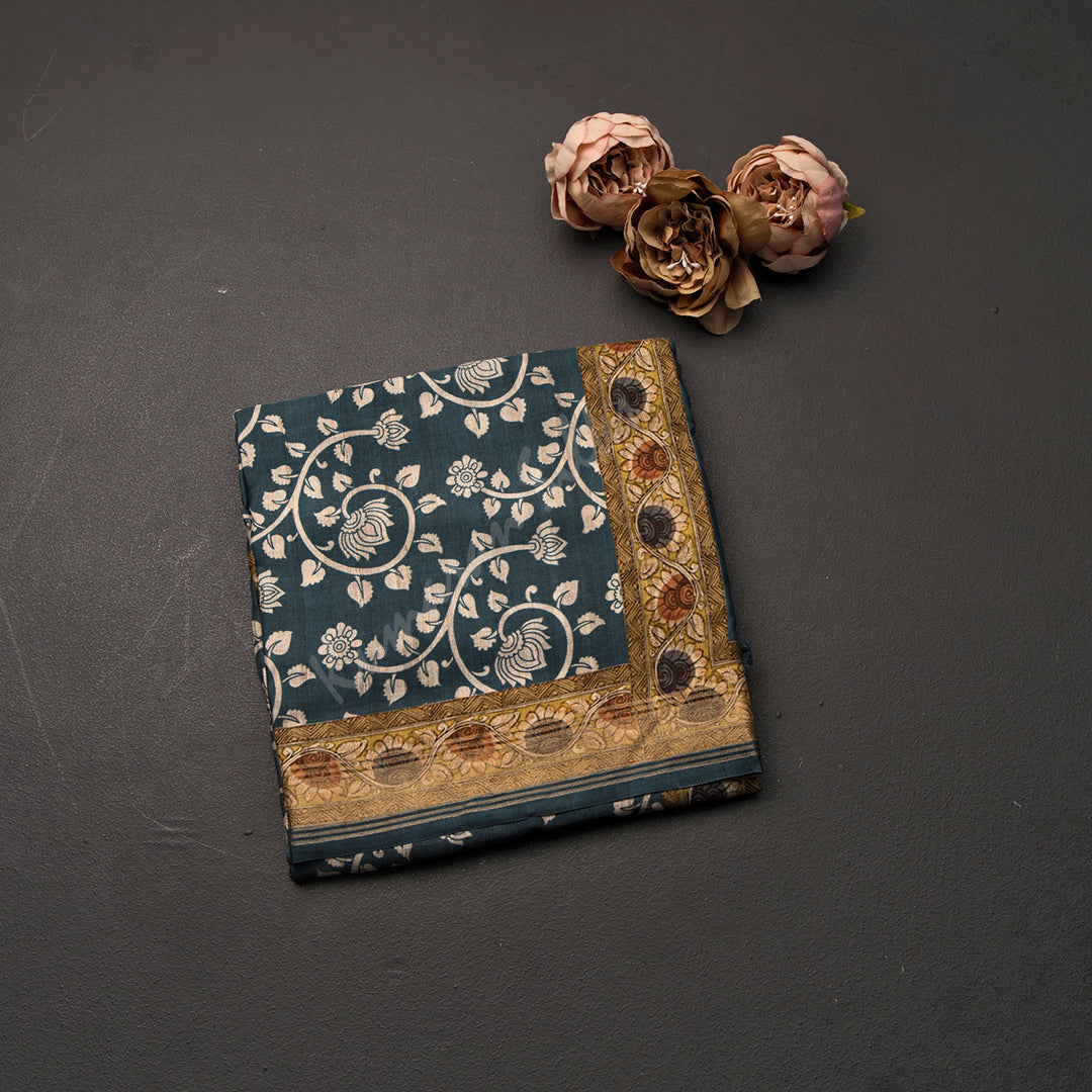 Modal Silk Dark Teal Blue Floral Printed Saree